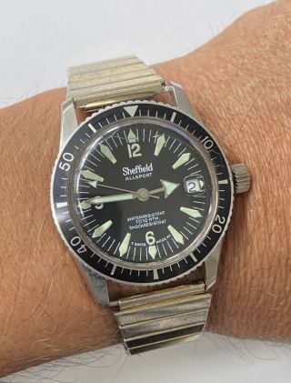Vintage Sheffield Allsport Diver Mechanical Swiss Watch Resistant 338 Ft Running