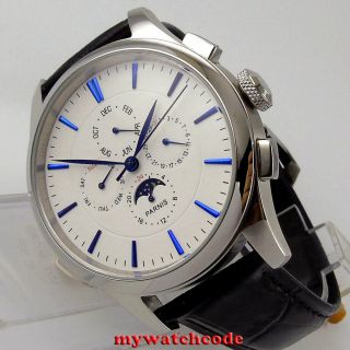44mm Parnis White Dial Blue Marks Day Date Stainless Steel Automatic Mens Watch