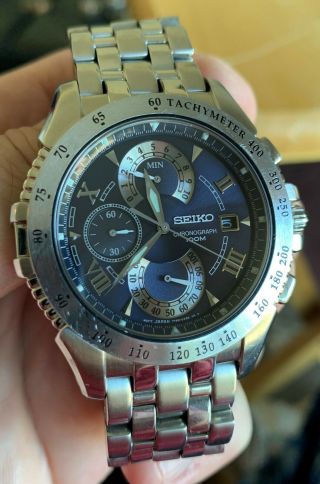 Seiko Le Grand Sport Chronograph Wristwatch Dark Blue Dial - Spc043 7t85 - 0ab0