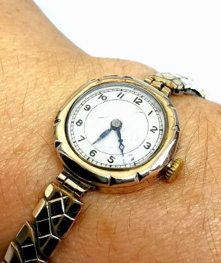 Antique 9ct Gold Cased 15 Jewels Dfd Swiss Wristwatch With Metal Strap