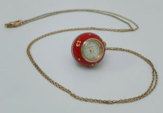 Vintage 1960s Ernest Borel 17j Red Enamel Orb Ball Pendant Ladies Necklace Watch