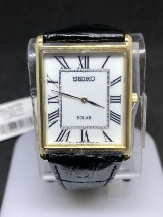 Seiko Sup880 Men Solar Quartz Gold Tone Stainless Leather Strap Watch 8
