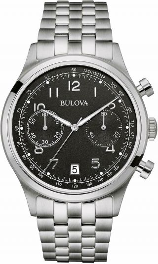Bulova 96b234 Silver Tone Black Chrono Dial Classic Mens Watch