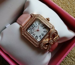 Betsey Johnson Gold Crystal Bow Pink Leather Strap Watch Mother Of Pearl $115
