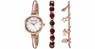 Anne Klein Ladies Rose Gold Tone Mop Dial Crystal Watch Bracelet Set Ak2840rjas