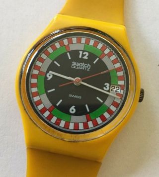 Vintage 1984 Swatch Watch Yellow Racer Gj 400 Date Running