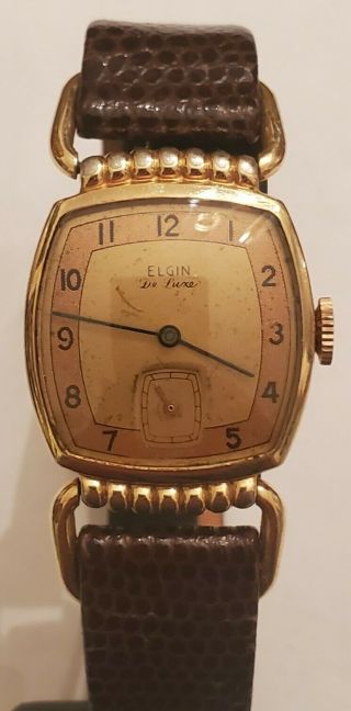 Antique Mens Elgin De Luxe 10k Gold Filled Wristwatch In Good
