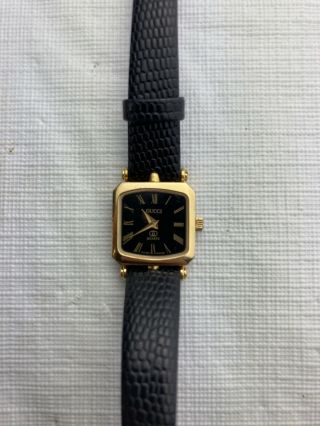 Vintage Gucci 18k Gold Plated Ladies Square Black Dial Swiss Quartz Watch