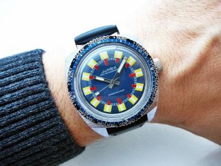 Rare German Ruhla Jumbo Diver World Time Vintage Wristwatch 1970 