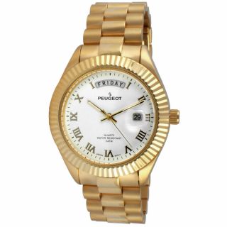Peugeot 14k All Gold - Plated Day - Date Roman Numeral White Dial Watch 1029wt