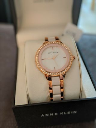 Anne Klein Ladies Rose Gold And Blush Pink Ceramic Watch With Swarovski Crystals
