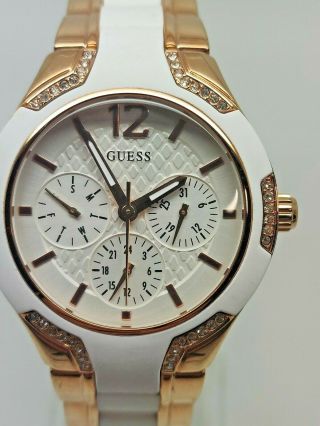 Guess Center Stage W0556l3 Rose Gold White Strap Ladies Watch (142f)