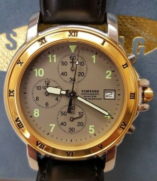 Samsung Analog Wristwatch Gold Face Date Chronograph Leather Band Japan Movement