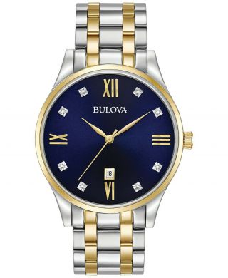 Bulova Diamond Accent Blue Dial Two Tone Stainless Steel Men 
