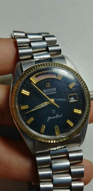 Vintage Ricoh 21 Jewelled Mens Automatic Watch Japan Orange Dial Day Date 37mm