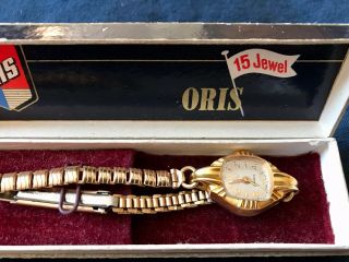 1960’s Boxed Ladies Fine Oris Swiss Watch Rolled Gold Bezel And Clasp 10 Microns