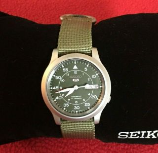 Seiko Snk805 Military Green Automatic Watch W/ Box/papers & Nato Strap
