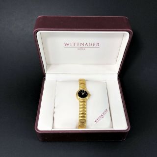 Wittnauer Swiss Sw8225 Diamond Ladies Dress Watch Gold Plated Black Face Dial