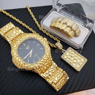 Iced Gold Plated Hip Hop Golden Nugget Watch & Necklace & Grillz Combo Set
