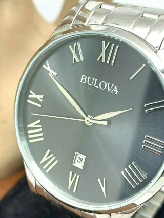 Bulova Men’s Watch 96b261 Silver Stainless Steel Black Dial Roman Numerals 40mm