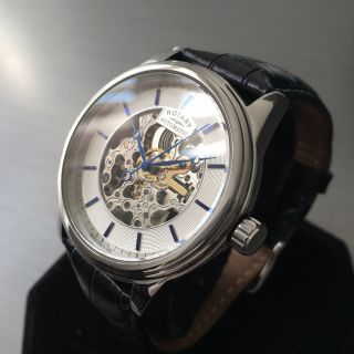 Mens Rotary Watch Steel Skeleton Automatic Black Leather Gs00209/06