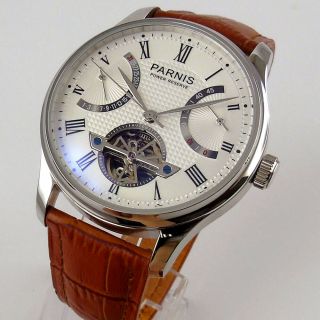 43mm Parnis White Dial Brown Strap Power Reserve St2505 Automatic Mens Watch