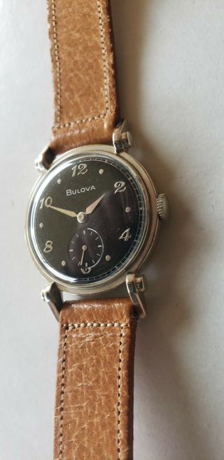 Vintage Benrus Black Dial Mens Watch 1940s Deco Leather Band