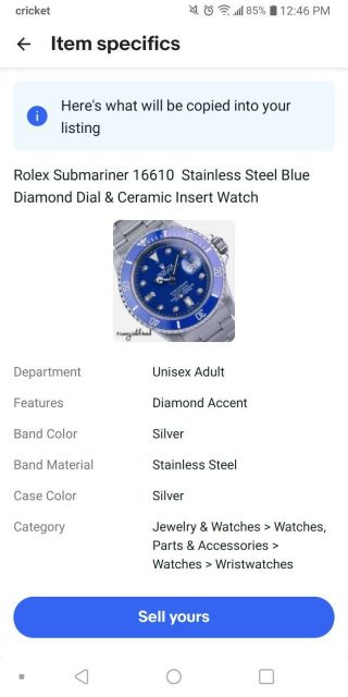 Rolex Submariner 16610 Stainless Steel Blue Diamond Dial & Ceramic Insert Watch