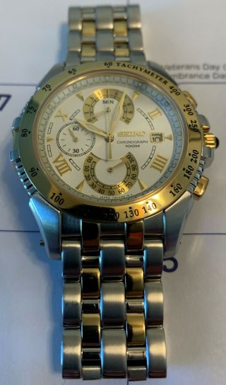Seiko Le Grand Sport Chronograph Wristwatch Gold / White Dial Spc043 7t85 - 0ab0