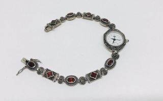Sterling Silver 925 Garnet Diamond Marcasite Quartz Watch Bracelet Battery
