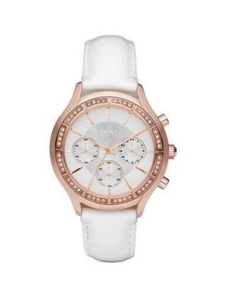 Dkny Watch Ny8255 White Leather Band Rose Gold/crystals Chrono Women 