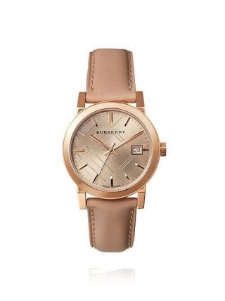 Nib Authentic Burberry Rose Gold Nude Leather Strap Bu9109 34mm