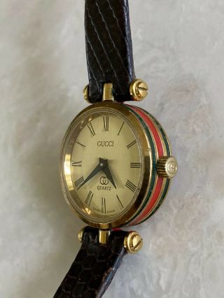 Rare Vintage Gucci Authentic Red Green Gold Plated Quartz Ladies Watch