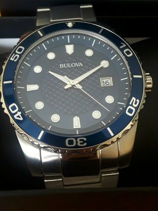 Bulova Blue Dial Quartz Watch Rotating Bezel 44mm 100m Stainless Steel Bracelet