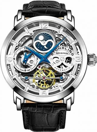 Stührling Mens Automatic Watch Skeleton Dial Dual Time Am/pm 371.  01