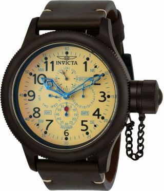 Mens Invicta 21370 Russian Diver 52mm Quartz Brown Leather Strap Watch