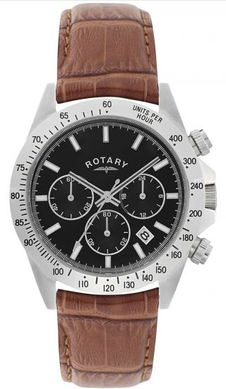 Men’s Rotary Quartz Watch,  Bkack Dial Analogue Display Brown Leather Strap