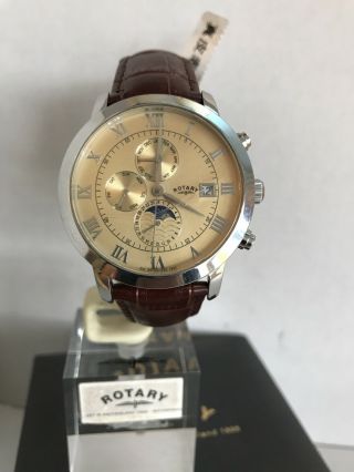Rotary Men’s Moonphase Cream Dial Automatic Brown Leather Strap Watch Gs02377/01