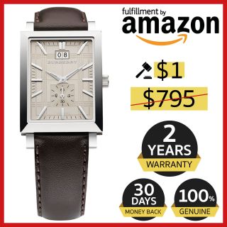 Burberry Swiss Brown Leather Date Men Women Stainless Steel Square Watch Bu1322