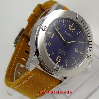43mm Parnis Blue Dial Date Sapphire Crystal 21 Jewels Automatic Mens Watch 997