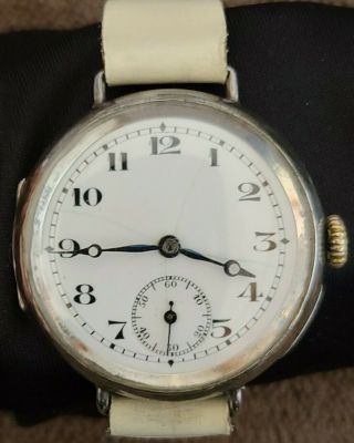 Stylish Antique Silver Military Trench Watch Porcelain Dial Glass Crystal