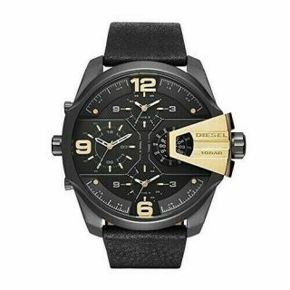 Diesel Uber Chief Dz7377 Chronograph Black Dial With Black Leather Men 