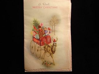 Vintage " Shopping In The Deer Wagon " Christmas Greeting Card