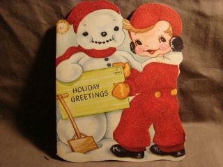 Vintage " Snowman And Little Boy With A Card " Christmas Greeting Card