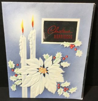 Vtg Wallace/brown Christmas Card White Poinsettias Holly Silver Foil Bible Verse