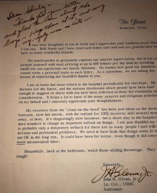 John Glenn Hand Signed Vintage Letter Nasa Mercury Astronaut W/ Great Writing