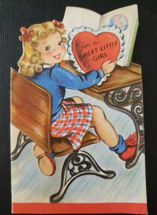 Vtg Hallmark Valentine Greeting Card Diecut Cute Little Girl Student Desk 1940s