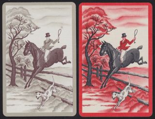 2 Single Vintage Swap/playing Cards Horse Rider Jumps Fence Dog Red Grey