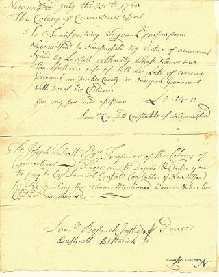 Colonial Milford Connecticut 1765 Pay Order Transport Woman & Children To Ny