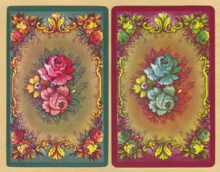 2 Single Vintage Swap/playing Cards Flowers Roses Id Rug Fr - 8 - 26 Green/brown